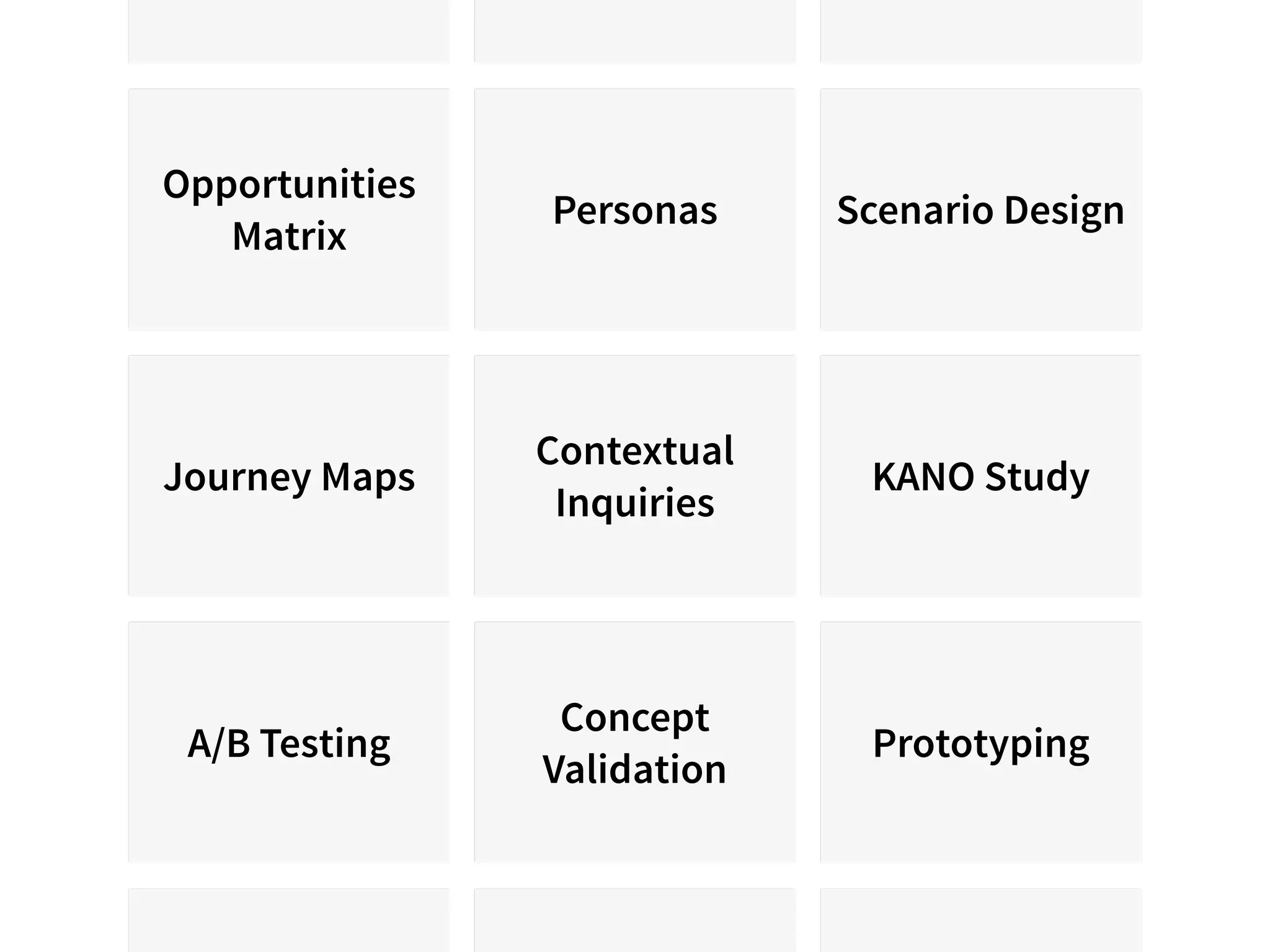 Opportunities
Matrix
Personas Scenario Design
Journey Maps
Contextual
Inquiries
KANO Study
A/B Testing
Concept
Validation
Prototyping
 