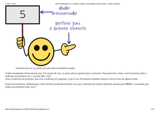 11/10/21, 12:44 Listas encadeadas em C: conceitos, criação e manipulação de listas simples – amador programa
https://amadorprograma.com/2020/10/30/listas-encadeadas-em-c/ 3/18
Anatomia do nó, ou célula, de uma lista encadeada simples.
A lista encadeada é basicamente isso. Um grupo de nós, no qual cada nó aponta para o próximo. Para percorrer a lista, você só precisa saber o
endereço do primeiro nó, e a partir dele, você

acha o endereço do próximo, que terá o endereço do seguinte, e por aí vai. Precisamos também marcar o fim da lista de algum modo.
Convencionalmente, delimitamos o fim da lista encadeada fazendo com que o ponteiro do último elemento aponte para NULL, a constante que
indica um ponteiro nulo, em C.
 