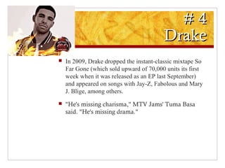 # 4# 4
DrakeDrake
 In 2009, Drake dropped the instant-classic mixtape So
Far Gone (which sold upward of 70,000 units its first
week when it was released as an EP last September)
and appeared on songs with Jay-Z, Fabolous and Mary
J. Blige, among others.
 "He's missing charisma," MTV Jams' Tuma Basa
said. "He's missing drama."
 