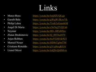 Links
• Marco Reus https://youtu.be/lxtj8ZUQLqo
• Gareth Bale https://youtu.be/gWqW-JKovYk
• Philip Lahm https://youtu.be/Ymb2eGmn0rM
• Angel Di Maria https://youtu.be/cNrNqTVQLh4
• Neymar https://youtu.be/0D--HPol0Xw
• Zlatan Ibrahimovic https://youtu.be/Q_88ThcJ474
• Arjen Robben https://youtu.be/6uYGM1tk9UI
• Manuel Neuer https://youtu.be/HDbiTg0nf7M
• Cristiano Ronaldo https://youtu.be/gVvjt6eqKGA
• Lionel Messi https://youtu.be/toQSvQsbMvw
 