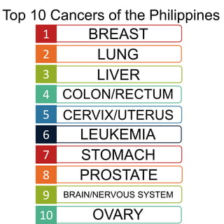 OVARY
LUNG
LIVER
COLON/RECTUM
CERVIX/UTERUS
LEUKEMIA
STOMACH
PROSTATE
BRAIN/NERVOUS SYSTEM
BREAST
Top 10 Cancers of the Philippines
1
2
3
4
5
6
7
8
9
10
 