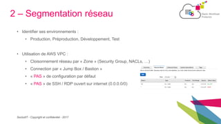 SecludIT - Copyright et confidentiel - 2017
2 – Segmentation réseau
• Identifier ses environnements :
• Production, Préproduction, Développement, Test
• Utilisation de AWS VPC :
• Cloisonnement réseau par « Zone » (Security Group, NACLs, …)
• Connection par « Jump Box / Bastion »
• « PAS » de configuration par défaut
• « PAS » de SSH / RDP ouvert sur internet (0.0.0.0/0)
 