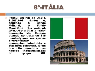 8º-ITÁLIA


Possui um PIB de USD $
2,287.704
trilhões
e,
segundo
o
Banco
Mundial,
o
Fundo
Monetário Internacional,
tornou-se a quarta maior
economia
da
Europa,
quando se trata de PIB
nominal, uma vez que se
diversificaram
economias industriais e
sua infra-estrutura. É um
dos oito membros das
nações industrializadas
do
grupo
G8.

 