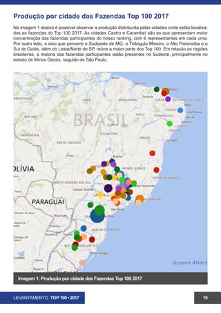 LEVANTAMENTO TOP 100 • 2017 19
Produção por cidade das Fazendas Top 100 2017
Na imagem 1 abaixo é possível observar a produção distribuída pelas cidades onde estão localiza-
das as fazendas do Top 100 2017. As cidades Castro e Carambeí são as que apresentam maior
concentração das fazendas participantes do nosso ranking, com 6 representantes em cada uma.
Por outro lado, o eixo que percorre o Sudoeste de MG, o Triângulo Mineiro, o Alto Paranaíba e o
Sul de Goiás, além do Leste/Norte de SP, reúne a maior parte dos Top 100. Em relação as regiões
brasileiras, a maioria das fazendas participantes estão presentes no Sudeste, principalmente no
estado de Minas Gerais, seguido de São Paulo.
Imagem 1. Produção por cidade das Fazendas Top 100 2017
 