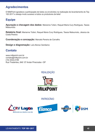 LEVANTAMENTO TOP 100 • 2017 42
Agradecimentos
O MilkPoint agradece a participação de todos os envolvidos na realização do levantamento do Top
100 2017 e deseja muito sucesso a todos os produtores de leite!
Equipe
Apuração e checagem dos dados: Marianne Tufani, Raquel Maria Cury Rodrigues, Tassia
Matsumoto
Relatório final: Marianne Tufani, Raquel Maria Cury Rodrigues, Tassia Matsumoto, Jéssica da
Costa Pereira
Coordenação e concepção: Marcelo Pereira de Carvalho
Design e diagramação: Laís Alonso Gerólamo
Contato
www.milkpoint.com.br
contato@milkpoint.com.br
(19) 3432-2199
Rua Tiradentes, 848 12º Andar Piracicaba • SP
REALIZAÇÃO
PATROCÍNIO
 