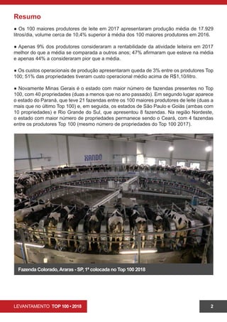 LEVANTAMENTO TOP 100 • 2018 2
Resumo
● Os 100 maiores produtores de leite em 2017 apresentaram produção média de 17.929
litros/dia, volume cerca de 10,4% superior à média dos 100 maiores produtores em 2016.
● Apenas 9% dos produtores consideraram a rentabilidade da atividade leiteira em 2017
melhor do que a média se comparada a outros anos; 47% afirmaram que esteve na média
e apenas 44% a consideraram pior que a média.
● Os custos operacionais de produção apresentaram queda de 3% entre os produtores Top
100; 51% das propriedades tiveram custo operacional médio acima de R$1,10/litro.
● Novamente Minas Gerais é o estado com maior número de fazendas presentes no Top
100, com 40 propriedades (duas a menos que no ano passado). Em segundo lugar aparece
o estado do Paraná, que teve 21 fazendas entre os 100 maiores produtores de leite (duas a
mais que no último Top 100) e, em seguida, os estados de São Paulo e Goiás (ambas com
10 propriedades) e Rio Grande do Sul, que apresentou 8 fazendas. Na região Nordeste,
o estado com maior número de propriedades permanece sendo o Ceará, com 4 fazendas
entre os produtores Top 100 (mesmo número de propriedades do Top 100 2017).
Fazenda Colorado,Araras - SP, 1ª colocada no Top 100 2018
 