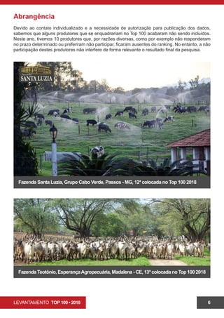 LEVANTAMENTO TOP 100 • 2018 6
Abrangência
Devido ao contato individualizado e a necessidade de autorização para publicação dos dados,
sabemos que alguns produtores que se enquadrariam no Top 100 acabaram não sendo incluídos.
Neste ano, tivemos 10 produtores que, por razões diversas, como por exemplo não responderam
no prazo determinado ou preferiram não participar, ficaram ausentes do ranking. No entanto, a não
participação destes produtores não interfere de forma relevante o resultado final da pesquisa.
Fazenda Santa Luzia, Grupo Cabo Verde, Passos - MG, 12ª colocada no Top 100 2018
Fazenda Teotônio, EsperançaAgropecuária, Madalena - CE, 13ª colocada no Top 100 2018
 