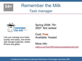 54=               Remember the Milk
                            Task manager


                                 Spring 2008: 79=
                                 2007: Not ranked

                                 Cost: Free
Lets you manage your tasks       Available: Hosted
quickly and easily, and works
with Google Calendar, twitter,
iPhone and gMail.                More info:
                                 c4lpt.co.uk/Top100Tools/rememberthemilk.html
 