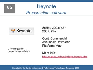 65                      Keynote
                 Presentation software


                         Spring 2008: 52=
                         2007: 72=

                         Cost: Commercial
                         Available: Download
                         Platform: Mac
Cinema-quality
presentation software
                         More info:
                         http://c4lpt.co.uk/Top100Tools/keynote.html
 