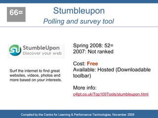 66=                      Stumbleupon
                   Polling and survey tool


                                  Spring 2008: 52=
                                  2007: Not ranked

                                  Cost: Free
Surf the internet to find great   Available: Hosted (Downloadable
websites, videos, photos and      toolbar)
more based on your interests.

                                  More info:
                                  c4lpt.co.uk/Top100Tools/stumbleupon.html
 