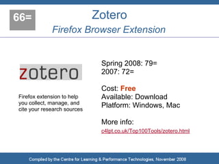 66=                          Zotero
             Firefox Browser Extension


                              Spring 2008: 79=
                              2007: 72=

                              Cost: Free
Firefox extension to help     Available: Download
you collect, manage, and
cite your research sources
                              Platform: Windows, Mac

                              More info:
                              c4lpt.co.uk/Top100Tools/zotero.html
 
