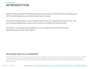 FrenchWeb - Les cabinets qui recrutent dans le numérique - Mars 2016 SEN#5
INTRODUCTION
Pour établir le Top 100 des entrep...