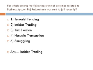 For which among the following criminal activities related to
Business, tycoon Raj Rajaratnam was sent to jail recently?


   1) Terrorist Funding
   2) Insider Trading
   3) Tax Evasion
   4) Hawala Transaction
   5) Smuggling

   Ans--- Insider Trading
 