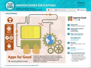 100 TOP 
INNOVACIONES EDUCATIVAS 
Proyectos eficaces para fomentar 
las vocaciones científico-tecnológicas (STEM) Inicio Tabla de contenidos Introducción Innovaciones 
» seleccionada 
Tipología 
Innovación 
didáctica 
Agentes implicados 
Escuelas y 
centros no formales 
Ámbito 
Tecnología 
Apps for Good Programar apps para resolver problemas reales en 
secundaria con el objetivo de motivar a adolecentes 
y desarrollar su capacidad emprendedora y de 
programación. Cuenta con la participación de 
voluntarios corporativos. 
23 - Proyectos eficaces para fomentar las vocaciones científico-tecnológicas (STEM) 
Organización: 
CDI Apps for Good Founding 
Nombre del innovador/a 
o fundador/a: 
Rodrigo Baggio 
Página web corporativa: 
http://www.appsforgood.org/ 
Otras páginas web: 
http://goo.gl/n3SdjG 
http://goo.gl/qieB7A 
Dirección: 
5 Bath Street, London - EC1V 
9LB 
En vídeo: 
https://www.youtube.com/user/ 
AppsForGood 
Reconocimientos/Premios: 
•• Enero 2012 - El secretario de 
Educación del Reino Unido 
mencionó Apps for Good como 
un modelo de buenas prácticas. 
•• En 1996 Rodrigo Baggio fue 
Brasil y Reino Unido Ashoka Fellow. 
 