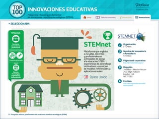 100 TOP 
INNOVACIONES EDUCATIVAS 
Proyectos eficaces para fomentar 
las vocaciones científico-tecnológicas (STEM) Inicio Tabla de contenidos Introducción Innovaciones 
» seleccionada 
Tipología 
Contacto 
con entorno 
profesional 
Agentes implicados 
Empresa y escuela 
Ámbito 
Ciencia, 
Tecnología, 
Ingeniería y 
Matemáticas 
27 - Proyectos eficaces para fomentar las vocaciones científico-tecnológicas (STEM) 
STEMnet 
Plataforma que engloba 
a escuelas, docentes 
y profesionales en 
actividades de apoyo 
a la educación STEM: 
experiencias de aprendizaje 
motivadoras, exposición 
de modelos referenciales y 
aplicaciones reales. 
Organización: 
STEMnet 
Nombre del innovador/a 
o fundador/a: 
STEMnet 
Página web corporativa: 
http://www.stemnet.org.uk/ 
Dirección: 
2nd Floor - Weston House - 
246 - High Holborn 
London - UK 
WC1V 7EX 
En vídeo: 
http://www.youtube.com/user/ 
stemnetwork 
Reino Unido 
 