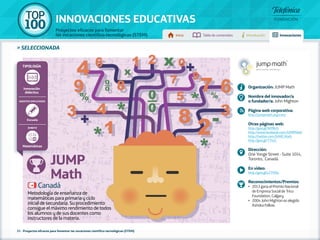 100 TOP 
INNOVACIONES EDUCATIVAS 
Proyectos eficaces para fomentar 
las vocaciones científico-tecnológicas (STEM) Inicio Tabla de contenidos Introducción Innovaciones 
» seleccionada 
JUMP 
Math 
Tipología 
Innovación 
didáctica 
Agentes implicados 
Escuela 
Metodología de enseñanza de 
matemáticas para primaria y ciclo 
inicial de secundaria. Su procedimiento 
consigue el máximo rendimiento de todos 
los alumnos y de sus docentes como 
instructores de la materia. 
31 - Proyectos eficaces para fomentar las vocaciones científico-tecnológicas (STEM) 
Organización: JUMP Math 
Nombre del innovador/a 
o fundador/a: John Mighton 
Página web corporativa: 
http://jumpmath.org/cms/ 
Otras páginas web: 
http://goo.gl/NO9bJ5 
http://www.facebook.com/JUMPMath 
http://twitter.com/JUMP_Math 
http://goo.gl/TT4cC 
Dirección: 
One Yonge Street - Suite 1014, 
Toronto, Canadá. 
En vídeo: 
http://goo.gl/cZTMZo 
Reconocimientos/Premios: 
•• 2013 gana el Premio Nacional 
de Empresa Social de Trico 
Foundation, Calgary. 
•• 2004 John Mighton es elegido 
Ashoka Fellow. 
Canadá 
Ámbito 
Matemáticas 
 