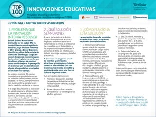 100 TOP 
INNOVACIONES EDUCATIVAS 
Proyectos eficaces para fomentar 
las vocaciones científico-tecnológicas (STEM) Inicio Tabla de contenidos Introducción Innovaciones 
British Science Association 
nace con la misión de mejorar 
la percepción de la ciencia y de 
los científicos en Reino Unido. 
» FINALISTA » BRITISH SCIENCE ASSOCIATION 
1. PROBLEMA QUE 
LA INNOVACIÓN 
INTENTA RESOLVER 
British Science Association 
(conocida por las siglas BA) es 
una entidad con una trayectoria 
histórica, cuyo inicio se remonta 
a 1931 gracias a David Brewster, 
científico y editor de la revista de 
ciencia de Edimburgo. Surgió en 
uno de los peores momentos para 
la ciencia en Inglaterra, por lo que 
desde sus orígenes se planteó 
como misión mejorar la percepción 
de la ciencia y de los científicos en 
el país, divulgando los principales 
avances en este campo. 
La visión y el reto de BA es una 
sociedad en la que ciudadanos/as 
de todas las clases sociales puedan 
acceder a la ciencia, comprometerse 
con su desarrollo y apropiarse en 
cierto modo del rumbo de la misma. 
A lo largo de su historia, la asociación 
ha sabido adaptarse a los cambios 
contextuales, denunciar las diversas 
barreras del sistema para el 
desarrollo y la divulgación científica, 
y proponer diferentes actividades 
que acercaran este conocimiento al 
mayor número de ciudadanos/as 
posibles. 
2. ¿QUÉ SOLUCIÓN 
SE PROPONE? 
A partir de la visión de la British 
Science Association de acercar e 
implicar a toda la sociedad en el 
desarrollo de la ciencia, la entidad se 
ha extendido por el Reino Unido y 
ha proporcionado oportunidades a 
personas de todas las edades para 
debatir, investigar, explorar y desafiar 
a la ciencia. 
A través de un programa anual 
de eventos y actividades 
atractivas e inspiradoras, intenta 
conectar a la sociedad civil con 
la ciencia, haciéndola accesible y 
posicionándola como una fuerza 
cultural de primer orden. 
Sus principales objetivos son: 
•• Promover discusiones abiertas 
(proporcionando la información 
necesaria) sobre ciencia y su lugar 
en la sociedad. 
•• Atraer e inspirar directamente 
con la ciencia y la tecnología a los 
adultos y jóvenes. 
39 - Proyectos eficaces para fomentar las vocaciones científico-tecnológicas (STEM) 
3. ¿CÓMO FUNCIONA 
ESTA SOLUCIÓN? 
La asociación desarrolla su misión 
a través de de cuatro programas 
nacionales interrelacionados: 
•• 1. British Science Festival, 
que es una de las mayores 
convocatorias en Europa sobre 
STEM. Convocado cada año 
en septiembre en una ciudad 
diferente, durante una semana 
se desarrollan más de 250 
eventos, actividades, exposiciones 
y excursiones. El programa 
está dirigido a familias, grupos 
escolares, adultos, así como a 
profesionales interesados en las 
últimas investigaciones. 
•• 2. National Science and 
Engineering week (NSEW), es 
una iniciativa que se desarrolla 
durante 10 días y que llega a 
incluir alrededor de 4.500 eventos 
que se llevan a cabo en todo 
el Reino Unido con el objetivo 
de homenajear a la ciencia, la 
ingeniería y la tecnología y su 
importancia en la sociedad. 
Sin restricciones sobre los 
organizadores, los temas, el 
público o los espacios donde 
se celebra, el programa llega a 
resultar muy variado y ecléctico, 
para personas de todas las edades 
y habilidades. 
•• 3. CREST Award, reconoce y 
premia los proyectos realizados 
por jóvenes de 11 a 19 años, 
ayudados por sus profesores, 
científicos e ingenieros como 
socios o mentores. 
•• 4. Science in Society, es 
un programa de apoyo a la 
comunicación en ciencias y a la 
comunidad de investigadores. 
Organiza, con carácter anual, la 
Conferencia de Comunicación de 
Ciencia. 
La asociación opera como una red de 
sedes distribuidas por el Reino Unido, 
que desarrollan los programas con 
voluntarios locales. 
 