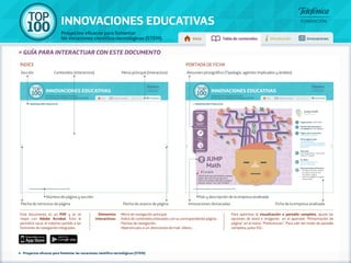 100 TOP 
INNOVACIONES EDUCATIVAS 
Proyectos eficaces para fomentar 
las vocaciones científico-tecnológicas (STEM) Inicio Tabla de contenidos Introducción Innovaciones 
» Guía para interactuar con este documento 
PÁGINAS INTERIORES 
ÍNDICE PORTADA DE FICHA 
Sección Contenidos (interactivo) Menú principal (interactivo) Resumen pictográfico (Tipología, agentes implicados y ámbito) 
» innovación finalista 
5 - Innovaciones probadas en el fomento de las vocaciones STEM 
» innovación finalista 
AGENTES IMPLICADOS 
JUMP 
TIPOLOGÍA 
Innovación 
didáctica 
Simus facia nem ad sicoentra inatore 
natilin dem pra? At quostia de in 
noverat issendioc tiaec ilibus eludem 
menam viverit, num, tem ordiend 
5 - Innovaciones probadas en el fomento de las vocaciones STEM 
Organización: JUMP Math 
o fundador/a: John Mighton 
Página web corporativa: 
http://jumpmath.org/cms/ 
Otras páginas web: 
http://goo.gl/NO9bJ5 
Dirección: 
One Yonge Street - Suite 1014, 
http://www.youtube.com/ 
Reconocimientos/Premios: 
• 2013 gana el premio nacional 
John Mighton Canadá 
Escuela 
Matemáticas 
Math 
nemad dempra? menamviverit, temordiend 
Nombre del innovador/a 
JohnMighton 
http://www.facebook.com/JUMPMath 
http://twitter.com/JUMP_Math http:// 
goo.gl/TT4cC 
Toronto, Canadá 
En video: 
watch?v=oYXEfzP3Sxk 
de empresa social de Trico 
Foundation, Calgary 
• 2004 JohnMighton es elegido 
Ashoka Fellow 
ÁMBITO 
Número de página y sección 
Flecha de retroceso de página 
País y descripción de la empresa analizada 
Flecha de avance de página Innovaciones destacadas 
Ficha de la empresa analizada 
Este documento es un PDF y se ve 
mejor con Adobe Acrobat. Esto le 
permitirá sacar el máximo partido a las 
funciones de navegación integradas. 
Para optimizar la visualización a pantalla completa, ajuste las 
opciones de texto e imágenes en el apartado “Presentación de 
página” en el menú “Preferencias”. Para salir del modo de pantalla 
completa, pulse ESC. 
Elementos 
interactivos: 
- Menú de navegación principal. 
- Índice de contenidos enlazados con su correspondiente página. 
- Flechas de navegación. 
- Hipervínculos a url, direcciones de mail, vídeos... 
4 - Proyectos eficaces para fomentar las vocaciones científico-tecnológicas (STEM) 
 