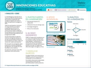 100 TOP 
INNOVACIONES EDUCATIVAS 
Proyectos eficaces para fomentar 
las vocaciones científico-tecnológicas (STEM) Inicio Tabla de contenidos Introducción Innovaciones 
» FINALISTA » CORD 
53 - Proyectos eficaces para fomentar las vocaciones científico-tecnológicas (STEM) 
Factores: 
Informativo 
Social 5 1 Educativo 
Psicológico 
Nivel educativo (edad): 
Potencial: 
• Pedagógico 
Contexto: 
• Informal 
Audiencia: 
• Alumnado 
La metodología ha mejorado de tal 
manera que del 6% de participantes 
de la primera competición que 
consiguió el objetivo de mover el 
robot, actualmente lo consiguen el 
90%. 
Todos los participantes mostraron 
un mayor interés en la materia 
y capacidad para afrontar las 
actividades relacionadas con la 
construcción de robots. El 80% de 
los participantes de la competición se 
vinculan formal e informalmente con 
la organización CORD. 
Se está instaurando en todos los 
institutos de ingeniería del país, al 
ver que incrementaba el interés de 
los estudiantes por asistir a clase y el 
número de mujeres participantes. 
Por otra parte, ha conseguido captar 
la atención no sólo de estudiantes 
de ingeniería, sino también de otras 
facultades como medicina. 
Actualmente, participan hasta 300 
voluntarios como instructores. 
5. PUNTOS FUERTES 
DE LA INNOVACIÓN 
•• Aprendizaje basado en la 
producción. 
•• Utilización de recursos de bajo coste. 
•• Estrategia divulgativa. 
•• Eficaz en la motivación. 
6. ALCANCE 
GEOGRÁFICO 
CORD se implementó inicialmente en 
un campus de ingeniería de El Cairo. 
Se extendió a campus de diferentes 
especialidades, campamentos y 
eventos de ciencia. Así también a 
campamentos estivales de formación 
infantil y escuelas. Se replicó por 
diferentes lugares de Egipto y Túnez. 
7. MODELO DE 
INGRESOS 
Consiguen fondos con la venta de sus 
productos, que son muy económicos 
comparados con la competencia. 
Ha recibido subvenciones relacionadas 
con la empresa social, que han 
permitido producir nuevos productos. 
8. APOYO 
AUDIOVISUAL 
http://youtu.be/bYlW3p2Mqyw 
http://goo.gl/sXsy6O 
9. ANALÍTICA 
DE LA INNOVACIÓN 
4 8 12 18 +18 
 