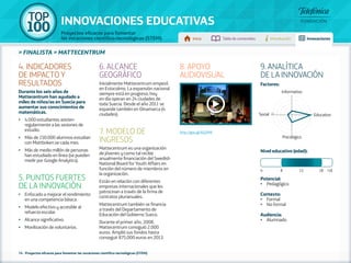 100 TOP 
INNOVACIONES EDUCATIVAS 
Proyectos eficaces para fomentar 
las vocaciones científico-tecnológicas (STEM) Inicio Tabla de contenidos Introducción Innovaciones 
» FINALISTA » MATTECENTRUM 
4. INDICADORES 
DE IMPACTO Y 
RESULTADOS 
Durante los seis años de 
Mattecentrum han ayudado a 
miles de niños/as en Suecia para 
aumentar sus conocimientos de 
matemáticas. 
•• 4.000 estudiantes asisten 
regularmente a las sesiones de 
estudio. 
•• Más de 150.000 alumnos estudian 
con Mattboken.se cada mes. 
•• Más de medio millón de personas 
han estudiado en línea (se pueden 
medir por Google Analytics). 
5. PUNTOS FUERTES 
DE LA INNOVACIÓN 
•• Enfocado a mejorar el rendimiento 
en una competencia básica. 
•• Modelo efectivo y accesible al 
refuerzo escolar. 
•• Alcance significativo. 
•• Movilización de voluntarios. 
6. ALCANCE 
GEOGRÁFICO 
Inicialmente Mattecentrum empezó 
en Estocolmo. La expansión nacional 
siempre está en progreso; hoy 
en día operan en 24 ciudades de 
toda Suecia. Desde el año 2011 se 
expande también en Dinamarca (4 
ciudades). 
7. MODELO DE 
INGRESOS 
Mattecentrum es una organización 
de jóvenes y como tal recibe 
anualmente financiación del Swedish 
National Board for Youth Affairs en 
función del número de miembros en 
la organización. 
Están en relación con diferentes 
empresas internacionales que les 
patrocinan a través de la firma de 
contratos plurianuales. 
Mattecentrum también se financia 
a través del Departamento de 
Educación del Gobierno Sueco. 
Durante el primer año, 2008, 
Mattecentrum consiguió 2.000 
euros. Amplió sus fondos hasta 
conseguir 875.000 euros en 2013. 
74 - Proyectos eficaces para fomentar las vocaciones científico-tecnológicas (STEM) 
8. APOYO 
AUDIOVISUAL 
http://goo.gl/EQ2fMi 
9. ANALÍTICA 
DE LA INNOVACIÓN 
Factores: 
Informativo 
Social 5 1 Educativo 
Psicológico 
Nivel educativo (edad): 
4 8 12 18 +18 
Potencial: 
• Pedagógico 
Contexto: 
• Formal 
• No formal 
Audiencia: 
• Alumnado 
 