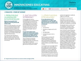 100 TOP 
INNOVACIONES EDUCATIVAS 
Proyectos eficaces para fomentar 
las vocaciones científico-tecnológicas (STEM) Inicio Tabla de contenidos Introducción Innovaciones 
» FINALISTA » STARS OF SCIENCE 
1. PROBLEMA QUE 
LA INNOVACIÓN 
INTENTA RESOLVER 
Mejorar la percepción de la 
ingeniería entre los jóvenes del 
mundo árabe. 
Qatar es un país pequeño y rico, pero 
con una economía basada en el gas 
natural y el petróleo. El objetivo es 
trasformar esta economía en una 
economía basada en el conocimiento 
mediante el desbloqueo del potencial 
humano, y así contribuir al desarrollo 
regional e internacional. 
La Fundación Qatar (QF) lleva a 
cabo esta misión a través de tres 
pilares fundamentales: Educación, 
Ciencia e Investigación, y Desarrollo 
Comunitario. 
2. ¿QUÉ SOLUCIÓN 
SE PROPONE? 
La estrategia de ciencia e 
investigación de la Fundación Qatar 
tiene por objeto promocionar la 
capacidad del país en innovación 
y tecnología para el desarrollo y 
la comercialización de soluciones 
basadas en las ciencias. En este 
sentido QF presenta uno de sus 
proyectos principales: Stars of 
Science. 
A través del empleo de los 
medios de comunicación (reality 
televisivo) se propone inspirar a 
los jóvenes para dedicarse a la 
innovación basada en la ciencia. 
Stars of Science es el primer 
programa televisivo (reality) 
panárabe dedicado a la innovación, 
cuyo objeto es resaltar el 
potencial innovador de las nuevas 
generaciones de jóvenes árabes. 
83 - Proyectos eficaces para fomentar las vocaciones científico-tecnológicas (STEM) 
3. ¿CÓMO FUNCIONA 
ESTA SOLUCIÓN? 
Es una idea pionera en TV 
consistente en un reality cuyos 
participantes han de convertir sus 
ideas en inventos y transformarlos 
en producto. 
Concepto: 
•• 16 inventores. 
•• Hombres y mujeres de 18 a 30 
años. 
•• De habla árabe. 
•• Compitiendo para crear su 
invento. 
Primero pasan un proceso de 
selección dividido en 3 fases: 
comité experto (escogen las 
ideas innovadoras); casting de los 
innovadores; los 16 seleccionados 
asisten a Doha a unos talleres durante 
3 meses. 
Los proyectos que se escogen tienen 
que cumplir unos criterios básicos: 
la posibilidad de convertir la idea en 
prototipo en 3 meses; utilidad del 
producto para la sociedad; respetar 
tanto las leyes de la ciencia como la 
protección de la propiedad intelectual. 
El programa televisivo consta también 
de tres fases: validación del concepto, 
producto de ingeniería, modelo de 
negocio y marketing. 
El programa se estructura en: 
8 episodios en prime time, que 
incluyen: desarrollo del proyecto, 
trabajo con los expertos, “el invento 
cobra vida” y evaluación y screening. 
30 episodios diarios: conocer a los 
16 candidatos, conexión a nivel 
emocional y conocimiento de los 
esfuerzos y logros conseguidos. 
Stars of Science recibe el apoyo de 
una serie de expertos y mentores 
como el Dr. Farouk El-Baz, científico 
egipcio-estadounidense ampliamente 
conocido por su trabajo en la NASA, 
así como de empresas de primera 
línea y universidades que son socias 
de la Fundación Qatar. Entre ellas se 
incluyen: la Virginia Commonwealth 
University en Qatar Weill Cornell 
Medical College en Qatar Texas A & 
M University en Qatar y la Carnegie 
Mellon University de Qatar. Otros 
participantes son el College of the 
North Atlantic de Qatar, así como el 
Qatar Science & Technology Park. 
 
