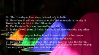 68. The Himalayan blue sheep is found only in India
69. More than $6 million is donated to the Vishnu temple in the city o...