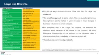 12
Large Cap Universe
 80% of the weight in the fund must come from Top 100 Large Cap
stocks only
 This simplifies approach to some extent. We own everything in green.
We might own stocks marked in yellow in case of minor changes in
business, valuations or certain catalysts.
 For everything else in the Large Cap universe, the threshold for
inclusion, either because of the nature of the business, the Fund
Manager’s understanding of the business or the valuations need to
change significantly to be included in the consideration set.
 These buckets are reviewed periodically.
As on 31-Mar-2023. The sector(s)/stock(s)/issuer(s) mentioned in this document do not constitute any recommendation of the same
and the Fund may or may not have any future position in these sector(s)/stock(s)/issuer(s).
 