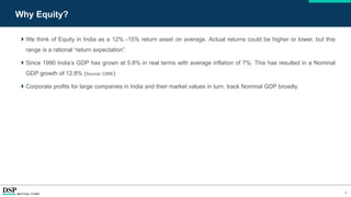  We think of Equity in India as a 12% -15% return asset on average. Actual returns could be higher or lower, but this
range is a rational “return expectation”.
 Since 1990 India’s GDP has grown at 5.8% in real terms with average inflation of 7%. This has resulted in a Nominal
GDP growth of 12.8% (Source: CMIE)
 Corporate profits for large companies in India and their market values in turn, track Nominal GDP broadly.
5
Why Equity?
 