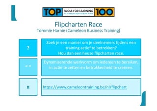 Flipcharten Race
Tommie Harnie (Cameleon Business Training)
?
“ ”
¤
Zoek je een manier om je deelnemers tijdens een
training actief te betrekken?
Hou dan een heuse flipcharten race.
Dynamiserende werkvorm om iedereen te bereiken,
in actie te zetten en betrokkenheid te creëren.
https://www.cameleontraining.be/nl/flipchart
 