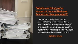 “What’s one thing you’ve
learned at Harvard Business
School that blew your mind?”
“When an employee has more
accountability than control, this is
considered an ‘entrepreneurial gap.’
It’s typically created via an incentive
system that encourages the employee
to go beyond their span of control.”
-@Ellen Chisa
 