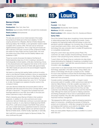 14
© 2017 Networld Media Group | Sponsored by Confirmit
1-25
Barnes & Noble
Founded: 1886		
Headquarters: New York, New York
Workforce: Approximately 28,000 full- and part-time employees
Retail Locations: 638 bookstores
Quirky Tidbit:
The last year proved to be an ideal example of the duality
facing Barnes & Noble (and other book retailers). To fulfill
ongoing demand for e-Readers, Barnes & Noble released the
Samsung Galaxy Tab A NOOK, a next-generation reader’s tablet
complete with a camera, GPS, FM tuner and an enhanced
digital bookstore experience. Yet in a sign that print books are
still in-demand, 2016 saw a record number of Barnes & Noble
pre-orders for Harry Potter and the Cursed Child—the most
pre-orders since Harry Potter and the Deathly Hallows was
published in 2007.
Those two events showcase the balance that Barnes &
Noble leadership keep top-of-mind: investing in devices for
technologically-inclined readers, while also maintaining a focus
on the physical books and magazines that remain at the core of
the company’s business. Barnes & Noble sells approximately
190 million books per year and is the second largest magazine
retailer in the U.S.
Yet there’s no denying that reading habits continue to evolve,
which is why Barnes & Noble maintains a focus on expanding its
product line and diversifying the brand. In May, Barnes & Noble
announced the first-ever national teen book festival—B-Fest—
held at all Barnes & Noble stores from June 10-12. The festival
is, to date, the largest-ever weekend of author events in the
company’s history.
Last year, Barnes & Noble also announced plans to test an
expanded café with food and wine at four concept stores, which
will open in fiscal 2017. The goal of the increased food and
beverage selections is two-fold: drive traffic to the store and
entice customers to stay in-store longer.
What’s interesting about Barnes & Noble is their audience
segments. In addition to its online and brick-and-mortar
customers, Barnes & Noble also continues to provide tools and
services to authors. In June, Barnes & Noble launched NOOK
Press Print, a self-service program that NOOK Press authors
can use to create hardcover or paperback books for consumer
purchase. Additionally, eligible authors can sell their books at
Barnes & Noble stores, whether locally, regionally or nationally.
We’d call 2016 a successful chapter for Barnes & Noble. The
story continues this year!
14
Lowe’s
Founded:  1946, Retail             	
Headquarters: Mooresville, North Carolina
Workforce: 285,000+ employees
Retail Locations: 2,355+ stores in the U.S., Canada and Mexico
Quirky Tidbit:  
One of the hardest things about visualizing a home improvement
or redecorating project can be visualizing the results. Lowe’s
is tapping into augmented reality (AR) technology to solve that
pervasive customer challenge in an innovative way. In November,
Lowe’s launched Lowe’s Vision, which uses Tango (Google
technology that uses computer vision to enable AR experiences
on compatible smartphones).
Using the Lowe’s Vision app and the Lenovo Phab 2 Pro,
customers can easily visualize virtual furnishings, fixtures and/or
accents in their actual living rooms, kitchens or bathrooms.
“Lowe’s Vision and Tango bring our customers one step closer
toward eliminating the challenge of visualizing a completed home
improvement project,” said Kyle Nel, executive director of Lowe’s
Innovation Labs, in a release.
Lowe’s Vision is an ideal example of the transformative power of
technology, especially in the retail industry. Using a flashy new
device or technology will only get a company so far. Instead,
it’s much more important to ensure that the technology solves a
customer problem or makes a process like an order or transaction
easier and more convenient.
Consider another compelling example - in August, Lowe’s
announced a pilot of LoweBot, a NAVi autonomous retail service
robot by Fellow Robots. In the fall, LoweBot was tested in 11
stores throughout the San Francisco Bay area after nearly two
years of extensively studying robots and how they can help
customers more efficiently navigate the store and find what they
need. Although the robots are focused on helping customers
and freeing employees to focus more on personalized service
and project expertise, they also offer operational benefits like
improved inventory management.
“We designed the NAVi robot to make the shopping experience
easier for consumers—simplifying the process of finding the
product you’re looking for—while also managing the back-end
and keeping shelf inventory up-to-date for the retailer,” said
Marco Mascorro, CEO, Fellow Robots, in a release.
Keep your eyes peeled. Maybe you’ll see a LoweBot in a Lowe’s
aisle near you!
15
 