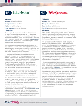 15
© 2017 Networld Media Group | Sponsored by Confirmit
1-25
L.L.Bean
Founded:  1912, Private Retail                 	
Headquarters: Freeport, Maine
Workforce: 5,000 employees
Retail Locations: 28 stores, 10 outlets
Quirky Tidbit:  
It’s no surprise to see retailers heavily invest in and focus
on product quality, especially a brand like L.L.Bean that’s
more than a century old and known for outdoor clothing and
accessories that are built to last. In 2016, L.L.Bean’s dedication
to one product in particular was showcased in a Boston Globe
story and video about rigorous backpack testing that happens
in the L.L.Bean product testing lab.
A bit of background: the backpack market is crowded. As
Megan Woolhouse wrote for the Globe, 2016 backpack sales
were expected to hit $3.1 billion—up from $1.9 billion only five
years ago. That’s because backpacks aren’t just for students—
they’re also increasingly popular with adults.
L.L.Bean has long been a go-to source for backpacks,
especially those who covet the company’s performance-
minded, utilitarian styles. That’s largely because of each
backpack’s quality, which is rigorously tested in the company’s
product testing lab. Zippers, for example, are opened and
closed 20,000 times over eight hours, Woolhouse writes.
A machine applies more than 280 lbs. of pulling force on
shoulder straps. And lab technicians keep a close watch on
how long polyester can stand up to sandpaper.
This sort of testing might seem a bit extreme, but it’s paying
off. Sales of L.L.Bean’s deluxe book pack have increased
10 percent per year since 2011, a statistic that’s especially
impressive given the incredible amount of competition.
New store openings—another indicator of company success—
brought L.L.Bean to new markets in 2016, including the
company’s first stores in Rhode Island and Michigan. In spring
2017, the company plans to open its first Wisconsin store, as
well as its fifth store in New York.
Another 2016 highlight speaks to L.L.Bean’s unwavering
commitment to customer service. A December Business Insider
video declared that L.L.Bean has “the best return policy of
any retailer.” When reviewing the last year, one thing’s certain:
L.L.Bean doesn’t cut corners when it comes to product quality
or customer satisfaction, and people are paying attention.
Walgreens
Founded: 1901, Charles Rudolph Walgreen
Headquarters: Deerfield, Illinois
Retail Locations: 8,175 drugstores
Workforce: Approximately 247,000 employees
Quirky Tidbit:
When you think of Walgreens, you likely think of a pharmacy:
a place to buy medications (among other products). But what
you may not realize is the retailer isn’t just focused on helping
customers—it’s also taking a prominent role in helping to evolve
healthcare and fight drug abuse.
The last year saw significant initiatives in both categories. In
February 2016, Walgreens launched a new comprehensive
effort to combat drug abuse with two programs: the installation
of safe medication disposal kiosks and making naloxone—a
lifesaving opioid antidote—available without a prescription.
Both programs were gradually rolled out, with safe medication
disposal kiosks hitting an October milestone with installation in
500 U.S. pharmacies. Naloxone availability was implemented on
a state-by-state basis. And in states that require a prescription,
Walgreens announced their commitment to working with
regulators to help update rules so that naloxone could be
dispensed without a prescription.
“We understand the challenges our communities face, and we
stand ready to help our patients and customers lead healthier
lives,” said Richard Ashworth, Walgreens president of pharmacy
and retail operations, in a release. “When the stakes are this high,
the solutions must be comprehensive.”
Walgreens concluded 2016 with the announcement of a strategic
relationship with MATTER, a Chicago-based healthcare incubator
and innovation community that supports continued focus “on
new ways to help support the development of next-generation
healthcare technology, products and services,” according
to Walgreens. Walgreens will offer expertise to MATTER’s
curriculum, participate in mentorships and support initiatives that,
according to Walgreens, “give MATTER’s start-ups resources
to grow their businesses and connect to the larger regional
healthcare ecosystem.
16 17
 