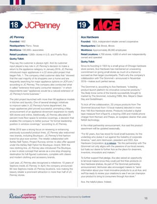 16
© 2017 Networld Media Group | Sponsored by Confirmit
1-25
JC Penney
Founded: 1902
Headquarters: Plano, Texas
Workforce: 100,000+ associates
Retail Locations: 1,000+ stores in U.S. and Puerto Rico
Quirky Tidbit:
They say the customer is always right. And its customer
input played a key role in JC Penney’s decision to make a
return to the appliance category. In January 2016, JC Penney
introduced major appliances in a 22-store pilot project that
began Feb. 1. The company cited customer data that “showed
that the vast majority of its shoppers own a home and are
frequently searching for major appliance options on JCP.com,”
according to JC Penney. The company also conducted what
it called “extensive third-party consumer research,” in which
respondents said “appliances would be a natural extension of
JC Penney’s home business.”
The pilot project launched with more than 90 appliance models
in kitchen and laundry. One of several strategic initiatives
to improve sales in JC Penney’s home department, the
major appliances pilot proved successful, prompting a May
announcement of an appliance showroom expansion to nearly
500 stores and online. Additionally, JC Penney allocated 25
percent more floor space to window coverings, a decision that
enables the company to better pursue “its former leadership
position in window coverings,” according to JC Penney.
While 2016 saw a strong focus on renewing or enhancing
previously successful product lines, JC Penney also welcomed
new brands, including Boutique+, JC Penney’s first fashion
brand for plus-size women. The retailer collaborated with
Ashley Nell Tipton, Project Runway winner, to also offer apparel
under the Ashley Nell Tipton for Boutique+ brand. With the
new clothing line, JC Penney also introduced The Boutique,
a new in-store concept that serves as a one-stop shopping
destination for full-figured customers, complete with classic
and modern clothing and accessory brands.
Last year, JC Penney also recognized a milestone: 10 years of
Sephora inside JC Penney. In April, the company announced
60 new Sephora inside JC Penney locations, now making the
beauty retailer a prominent attraction in more than half of JC
Penney stores.
Ace Hardware
Founded: 1924, independent retailer owned cooperative	
Headquarters: Oak Brook, Illinois
Workforce: Approximately 86,000 employees
Retail Locations: 4,700 stores, 4,600 of which are independently
owned and operated
Quirky Tidbit:
Since its founding in 1924 by a small group of Chicago hardware
store owners, Ace Hardware has maintained an unwavering
commitment on giving small stores as much of a chance to
succeed as their larger counterparts. That’s why the company’s
collaboration with The Grommet—announced in November
2016—makes such perfect sense.
The Grommet is, according to Ace Hardware, “a leading
product launch platform for innovative consumer products.”
You likely know some of the brands successfully brought to
market by The Grommet, including FitBit, Mrs. Meyer’s Clean
Day and SodaStream.
To kick off the collaboration, 20 unique products from The
Grommet (sourced from 15 local makers) debuted in more
than 160 Ace Hardware stores. Products included a digital
tape measure from eTape16, a keyring USB and mobile phone
charger from Nomad; and Peeps, an eyeglass cleaner that uses
NASA technology.
In the initial partnership announcement, Ace said the product
assortment will be updated seasonally.
“For 92 years, Ace has stood for local small business; for the
underdog who dukes it out against the Goliaths of corporate
America,” said John Venhuizen, president and CEO, Ace
Hardware Corporation, in a release. “So the partnership with The
Grommet not only aligns with the passions of our local owners,
but fuels our desire to further Ace as the place for dreamers,
inventors, innovators and makers.”
To further support that pledge, Ace also seized an opportunity
to let local makers know they could just find their products on
Ace Hardware shelves. As part of The Grommet partnership
announcement, Venhuizen also encouraged makers to “send
information about your most innovative products to us at Ace, and
we’ll be ready to review your creations to see if we can champion
your product to bring to consumers through Ace store.”
Ace, the helpful place. Indeed.
18 19
 