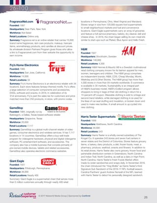26
© 2017 Networld Media Group | Sponsored by Confirmit
26-100
FragranceNet.com
Founded: 1997
Headquarters: Deer Park, New York
Workforce: Not listed
Retail Locations: Online only
Summary: Fragrance.net is an online retailer that carries 15,000
brand name fragrances, skin care products, makeup, haircare
items, aromatherapy products, and candles at discount prices.
Its wholesale division Partners Program gives those who allow
a link to Fragrancenet.com from their website the opportunity to
earn income.
Fry’s Home Electronics
Founded: 1985
Headquarters: San Jose, California
Workforce: 14,000
Retail Locations: 34
Summary: Fry’s Home Electronics is an electronics retailer with 34
locations. Each store features fantasy-themed motifs. Fry’s offers
a large selection of computer components and accessories,
DVDs, software and snacks. In 2016, In celebration of its
31st anniversary, Fry’s paid the sales tax for customers and price
matched more than 250 products, in-store, with promo codes.
GameStop
Founded: 1984, originally run by
Babbage’s, a Dallas, Texas-based software retailer 	
Headquarters: Grapevine, Texas
Workforce: 20,000
Retail Locations: 7,117
Summary: GameStop is a global multi-channel retailer of video
games, consumer electronics and wireless services. It has 7,117
locations in 14 countries. GameStop offers a buy-sell-trade
program for videogame hardware, physical and digital videogame
software, PC entertainment software, and accessories. The
company also has a mobile business that consists primarily of
pre-owned mobile devices, tablets and related accessories.
GameStop also operates electronic commerce websites.
Giant Eagle
Founded: 1931
Headquarters: Pittsburgh, Pennsylvania
Workforce: 36,000
Retail Locations: Nearly 400
Summary: Giant Eagle is a supermarket chain that serves more
than 5 million customers annually through nearly 400 retail
locations in Pennsylvania, Ohio, West Virginia and Maryland.
Stores range in size from 120,000-square-foot supermarkets
to small neighborhood markets and fuel and convenience
locations. Giant Eagle supermarkets carry an array of groceries
and feature a full-service pharmacy, bakery, dry cleaner, deli and
cheese shop. In 2016, the chain began selling its own meal kits
similar to start-ups such as Plated, Blue Apron and Hello Fresh.
H&M
Founded: 1947
Headquarters: Stockholm, Sweden
Workforce: 148,000
Retail Locations: 4,300
Summary: H&M Hennes & Mauritz AB is a Swedish multinational
retail clothing company known for its fashion apparel for men,
women, teenagers and children. The H&M group comprises
six independent brands: H&M, COS, Cheap Monday, Monki,
Weekday and & Other Stories. The H&M group has more than
4,300 stores in more than 64 markets worldwide. E-commerce
is available in 35 markets. Sustainability is an integral part
of H&M’s business model. H&M’s iCollect program allows
shoppers to bring in bags of their old clothing in return for a
15-percent-off coupon. Wearable clothing is sold to vintage and
second-hand retailers, while damaged clothing is re-used for
the likes of car seat stuffing and insulation, or broken down and
used to make new textiles. A small amount is up-cycled into
new clothing.
Harris Teeter Supermarkets
Founded: 1936
Headquarters: Matthews, North Carolina
Workforce: 30,000
Retail Locations: 243
Summary: Harris Teeter is a wholly-owned subsidiary of The
Kroger Co. It operates 243 stores and seven fuel centers in
seven states and the District of Columbia. Stores feature grocery
items, a bakery, dairy products, a deli, frozen foods, meat, a
pharmacy, produce, seafood, snacks and flowers. In addition to
its retail stores, Harris Teeter also owns grocery, frozen food and
perishable distribution centers in Greensboro, North Carolina
and Indian Trail, North Carolina, as well as a dairy in High Point,
North Carolina. Harris Teeter’s Fresh Foods Market offers
made-to-order sandwiches and wraps daily. In November 2016,
the chain introduced the “Hog Mollie” as Harris Teeter’s third
Signature Sub Sandwich of the 2016-17 NFL football season.
Carolina Panthers’ guard Andrew Norwell of the NFL teamed
with Harris Teeter to debut his personally designed sandwich.
 