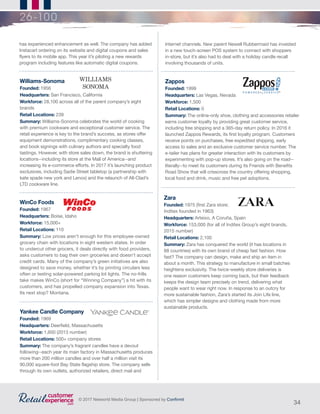 34
© 2017 Networld Media Group | Sponsored by Confirmit
26-100
Williams-Sonoma
Founded: 1956
Headquarters: San Francisco, California
Workforce: 28,100 across all of the parent company’s eight
brands
Retail Locations: 239
Summary: Williams-Sonoma celebrates the world of cooking
with premium cookware and exceptional customer service. The
retail experience is key to the brand’s success, as stores offer
equipment demonstrations, complimentary cooking classes,
and book signings with culinary authors and specialty food
tastings. However, with store sales down, the brand is shuttering
locations--including its store at the Mall of America--and
increasing its e-commerce efforts. In 2017 it’s launching product
exclusives, including Sadie Street tabletop (a partnership with
kate spade new york and Lenox) and the relaunch of All-Clad’s
LTD cookware line.
Yankee Candle Company
Founded: 1969
Headquarters: Deerfield, Massachusetts
Workforce: 1,600 (2013 number)
Retail Locations: 500+ company stores
Summary: The company’s fragrant candles have a devout
following--each year its main factory in Massachusetts produces
more than 200 million candles and over half a million visit its
90,000 square-foot Bay State flagship store. The company sells
through its own outlets, authorized retailers, direct mail and
WinCo Foods
Founded: 1967
Headquarters: Boise, Idaho
Workforce: 15,000+
Retail Locations: 110
Summary: Low prices aren’t enough for this employee-owned
grocery chain with locations in eight western states. In order
to undercut other grocers, it deals directly with food providers,
asks customers to bag their own groceries and doesn’t accept
credit cards. Many of the company’s green initiatives are also
designed to save money, whether it’s by printing circulars less
often or testing solar-powered parking lot lights. The no-frills
take makes WinCo (short for “Winning Company”) a hit with its
customers, and has propelled company expansion into Texas.
Its next stop? Montana.
Zappos
Founded: 1999
Headquarters: Las Vegas, Nevada
Workforce: 1,500
Retail Locations: 0
Summary: The online-only shoe, clothing and accessories retailer
earns customer loyalty by providing great customer service,
including free shipping and a 365-day return policy. In 2016 it
launched Zappos Rewards, its first loyalty program. Customers
receive points on purchases, free expedited shipping, early
access to sales and an exclusive customer service number. The
e-tailer has plans for greater interaction with its customers by
experimenting with pop-up stores. It’s also going on the road--
literally--to meet its customers during its Friends with Benefits
Road Show that will crisscross the country offering shopping,
local food and drink, music and free pet adoptions.
has experienced enhancement as well. The company has added
Instacart ordering on its website and digital coupons and sales
flyers to its mobile app. This year it’s piloting a new rewards
program including features like automatic digital coupons.
Internet channels. New parent Newell Rubbermaid has invested
in a new touch-screen POS system to connect with shoppers
in-store, but it’s also had to deal with a holiday candle recall
involving thousands of units.
Zara
Founded: 1975 (first Zara store;
Inditex founded in 1963)
Headquarters: Arteixo, A Coruña, Spain
Workforce: 153,000 (for all of Inditex Group’s eight brands,
2015 number)
Retail Locations: 2,100
Summary: Zara has conquered the world (it has locations in
88 countries) with its own brand of cheap fast fashion. How
fast? The company can design, make and ship an item in
about a month. This strategy to manufacture in small batches
heightens exclusivity. The twice-weekly store deliveries is
one reason customers keep coming back, but their feedback
keeps the design team precisely on trend, delivering what
people want to wear right now. In response to an outcry for
more sustainable fashion, Zara’s started its Join Life line,
which has simpler designs and clothing made from more
sustainable products.
 