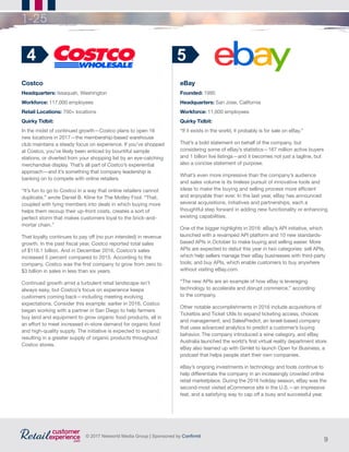 9
© 2017 Networld Media Group | Sponsored by Confirmit
1-25
Costco
Headquarters: Issaquah, Washington
Workforce: 117,000 employees
Retail Locations: 700+ locations
Quirky Tidbit:
In the midst of continued growth—Costco plans to open 16
new locations in 2017—the membership-based warehouse
club maintains a steady focus on experience. If you’ve shopped
at Costco, you’ve likely been enticed by bountiful sample
stations, or diverted from your shopping list by an eye-catching
merchandise display. That’s all part of Costco’s experiential
approach—and it’s something that company leadership is
banking on to compete with online retailers.
“It’s fun to go to Costco in a way that online retailers cannot
duplicate,” wrote Daniel B. Kline for The Motley Fool. “That,
coupled with tying members into deals in which buying more
helps them recoup their up-front costs, creates a sort of
perfect storm that makes customers loyal to the brick-and-
mortar chain.”
That loyalty continues to pay off (no pun intended) in revenue
growth. In the past fiscal year, Costco reported total sales
of $116.1 billion. And in December 2016, Costco’s sales
increased 5 percent compared to 2015. According to the
company, Costco was the first company to grow from zero to
$3 billion in sales in less than six years.
Continued growth amid a turbulent retail landscape isn’t
always easy, but Costco’s focus on experience keeps
customers coming back—including meeting evolving
expectations. Consider this example: earlier in 2016, Costco
began working with a partner in San Diego to help farmers
buy land and equipment to grow organic food products, all in
an effort to meet increased in-store demand for organic food
and high-quality supply. The initiative is expected to expand,
resulting in a greater supply of organic products throughout
Costco stores.
eBay
Founded: 1995
Headquarters: San Jose, California
Workforce: 11,600 employees
Quirky Tidbit:
“If it exists in the world, it probably is for sale on eBay.”
That’s a bold statement on behalf of the company, but
considering some of eBay’s statistics—167 million active buyers
and 1 billion live listings—and it becomes not just a tagline, but
also a concise statement of purpose.
What’s even more impressive than the company’s audience
and sales volume is its tireless pursuit of innovative tools and
ideas to make the buying and selling process more efficient
and enjoyable than ever. In the last year, eBay has announced
several acquisitions, initiatives and partnerships, each a
thoughtful step forward in adding new functionality or enhancing
existing capabilities.
One of the bigger highlights in 2016: eBay’s API initiative, which
launched with a revamped API platform and 10 new standards-
based APIs in October to make buying and selling easier. More
APIs are expected to debut this year in two categories: sell APIs,
which help sellers manage their eBay businesses with third-party
tools; and buy APIs, which enable customers to buy anywhere
without visiting eBay.com.
“The new APIs are an example of how eBay is leveraging
technology to accelerate and disrupt commerce,” according
to the company.
Other notable accomplishments in 2016 include acquisitions of
Ticketbis and Ticket Utils to expand ticketing access, choices
and management; and SalesPredict, an Israel-based company
that uses advanced analytics to predict a customer’s buying
behavior. The company introduced a wine category, and eBay
Australia launched the world’s first virtual reality department store.
eBay also teamed up with Gimlet to launch Open for Business, a
podcast that helps people start their own companies.
eBay’s ongoing investments in technology and tools continue to
help differentiate the company in an increasingly crowded online
retail marketplace. During the 2016 holiday season, eBay was the
second-most visited eCommerce site in the U.S.—an impressive
feat, and a satisfying way to cap off a busy and successful year.
4 5
 