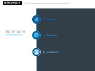 Top 100 des entreprises qui recrutent dans le numérique - mars 2017
Sommaire
01. Méthodologie
02. Chiffres-clés
03. Le cla...