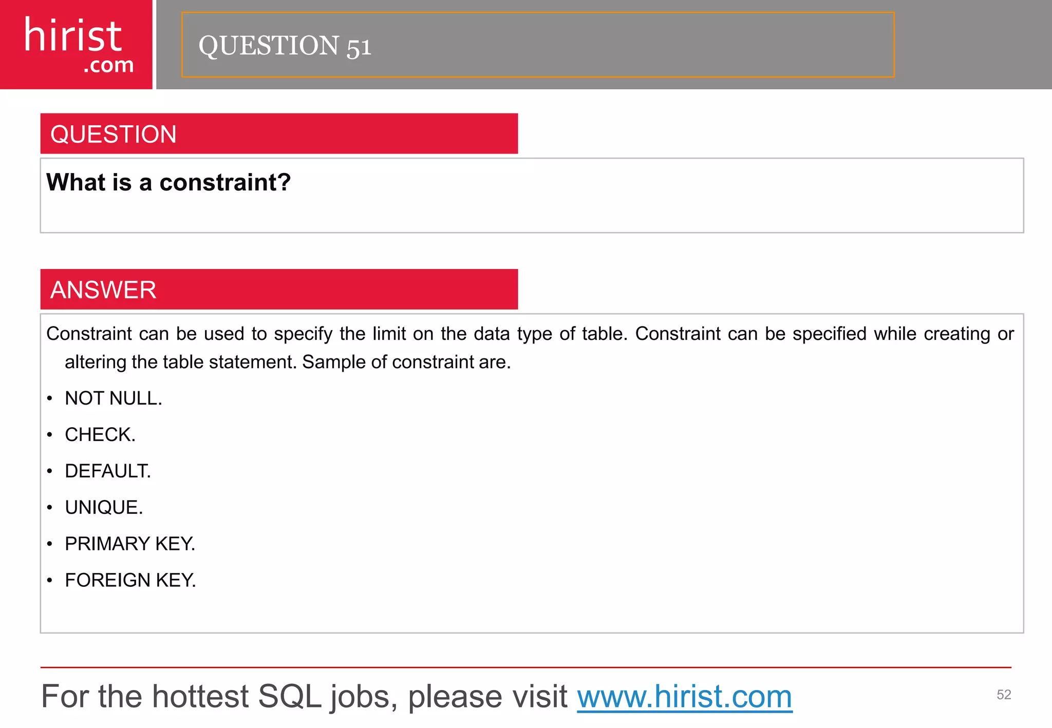 For the hottest SQL jobs, please visit www.hirist.com 
hirist 
.com 
Whatisaconstraint? 
52 
QUESTION 
Constraintcanbeusedtospecifythelimitonthedatatypeoftable.Constraintcanbespecifiedwhilecreatingoralteringthetablestatement.Sampleofconstraintare. 
•NOTNULL. 
•CHECK. 
•DEFAULT. 
•UNIQUE. 
•PRIMARYKEY. 
•FOREIGNKEY. 
ANSWER 
QUESTION 51  