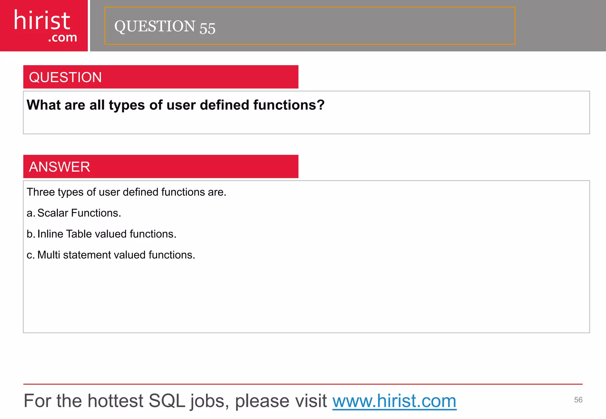For the hottest SQL jobs, please visit www.hirist.com 
hirist 
.com 
Whatarealltypesofuserdefinedfunctions? 
56 
QUESTION 
Threetypesofuserdefinedfunctionsare. 
a.ScalarFunctions. 
b.InlineTablevaluedfunctions. 
c.Multistatementvaluedfunctions. 
ANSWER 
QUESTION 55  