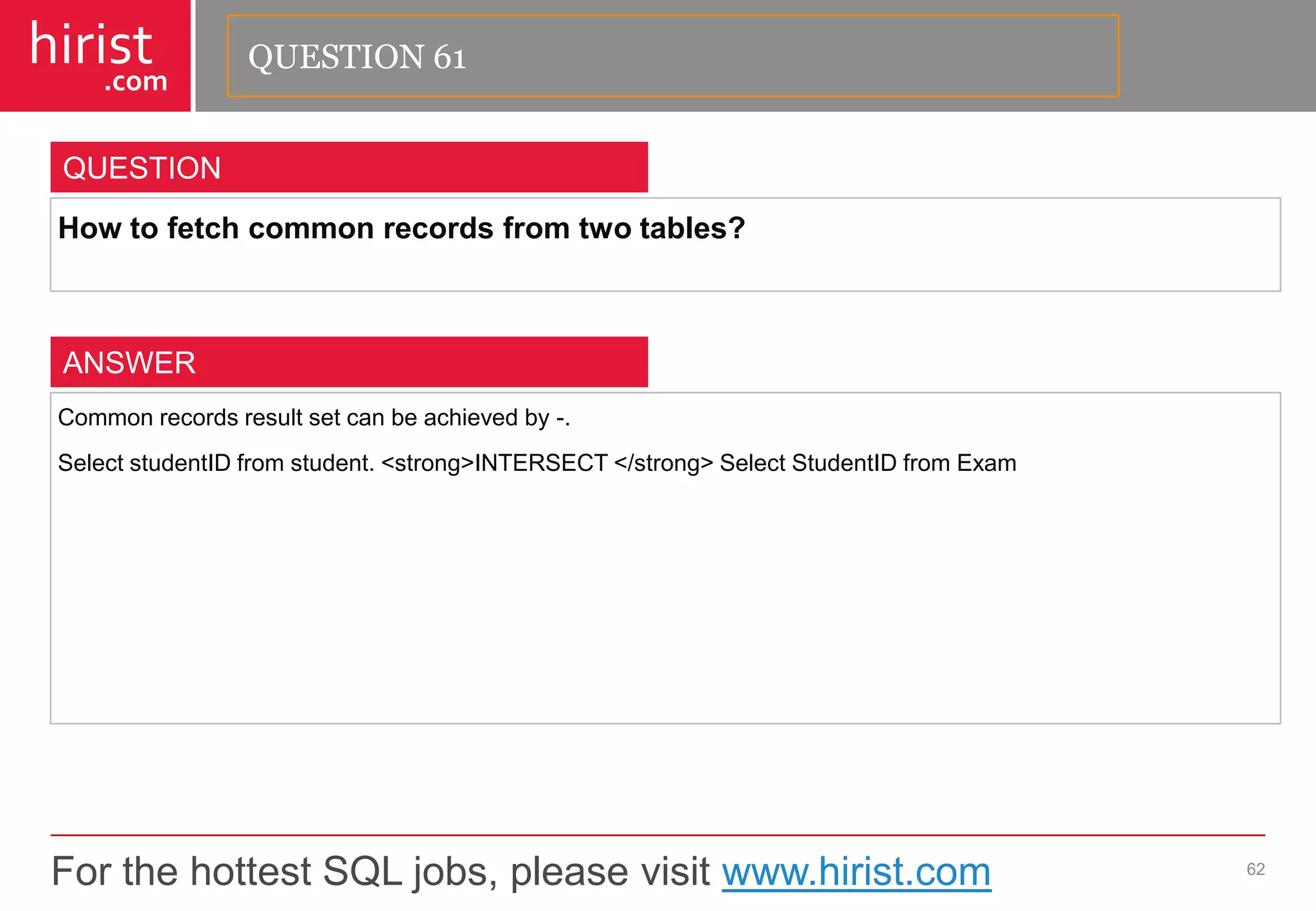 For the hottest SQL jobs, please visit www.hirist.com 
hirist 
.com 
Howtofetchcommonrecordsfromtwotables? 
62 
QUESTION 
Commonrecordsresultsetcanbeachievedby-. 
SelectstudentIDfromstudent.<strong>INTERSECT</strong>SelectStudentIDfromExam 
ANSWER 
QUESTION 61  