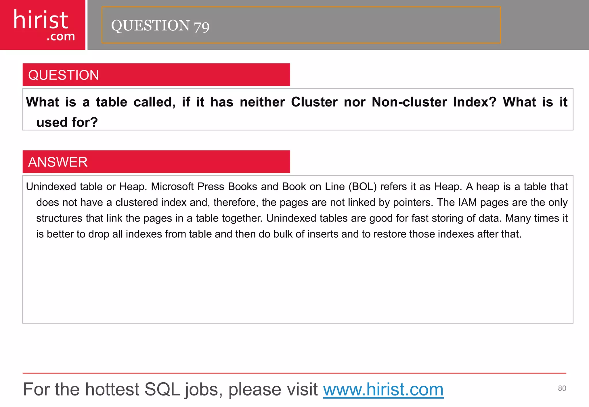 For the hottest SQL jobs, please visit www.hirist.com 
hirist 
.com 
Whatisatablecalled,ifithasneitherClusternorNon-clusterIndex?Whatisitusedfor? 
80 
QUESTION 
UnindexedtableorHeap.MicrosoftPressBooksandBookonLine(BOL)refersitasHeap.Aheapisatablethatdoesnothaveaclusteredindexand,therefore,thepagesarenotlinkedbypointers.TheIAMpagesaretheonlystructuresthatlinkthepagesinatabletogether.Unindexedtablesaregoodforfaststoringofdata.Manytimesitisbettertodropallindexesfromtableandthendobulkofinsertsandtorestorethoseindexesafterthat. 
ANSWER 
QUESTION 79  