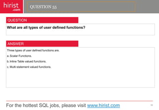 For the hottest SQL jobs, please visit www.hirist.com 
hirist 
.com 
Whatarealltypesofuserdefinedfunctions? 
56 
QUESTION 
Threetypesofuserdefinedfunctionsare. 
a.ScalarFunctions. 
b.InlineTablevaluedfunctions. 
c.Multistatementvaluedfunctions. 
ANSWER 
QUESTION 55  
