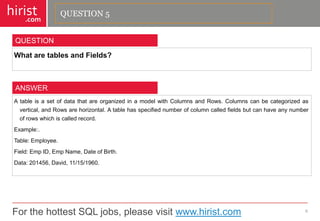 For the hottest SQL jobs, please visit www.hirist.com 
hirist 
.com 
WhataretablesandFields? 
6 
QUESTION 
AtableisasetofdatathatareorganizedinamodelwithColumnsandRows.Columnscanbecategorizedasvertical,andRowsarehorizontal.Atablehasspecifiednumberofcolumncalledfieldsbutcanhaveanynumberofrowswhichiscalledrecord. 
Example:. 
Table:Employee. 
Field:EmpID,EmpName,DateofBirth. 
Data:201456,David,11/15/1960. 
ANSWER 
QUESTION 5  