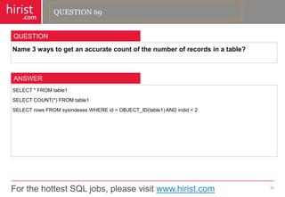 For the hottest SQL jobs, please visit www.hirist.com 
hirist 
.com 
Name3waystogetanaccuratecountofthenumberofrecordsinatable? 
70 
QUESTION 
SELECT*FROMtable1 
SELECTCOUNT(*)FROMtable1 
SELECTrowsFROMsysindexesWHEREid=OBJECT_ID(table1)ANDindid<2 
ANSWER 
QUESTION 69  