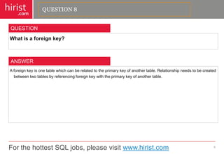 For the hottest SQL jobs, please visit www.hirist.com 
hirist 
.com 
Whatisaforeignkey? 
9 
QUESTION 
Aforeignkeyisonetablewhichcanberelatedtotheprimarykeyofanothertable.Relationshipneedstobecreatedbetweentwotablesbyreferencingforeignkeywiththeprimarykeyofanothertable. 
ANSWER 
QUESTION 8  