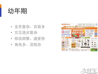 幼年期	


•  业务复杂、页面多	

•  交互逐步复杂	

•  修改频繁、速度快	

•  角色多、流程杂	

 