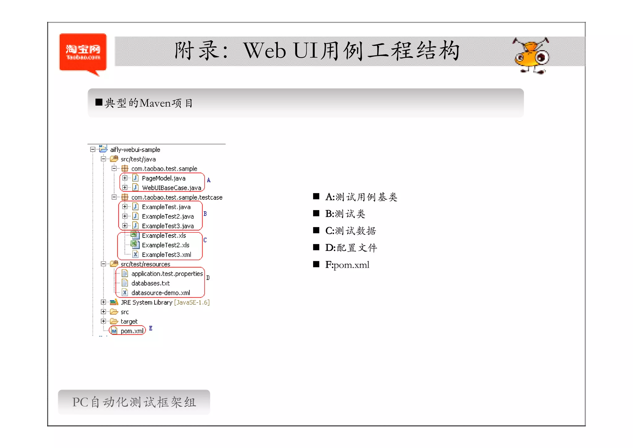 附录：Web UI用例工程结构

 �典型的Maven项目




                � A:
                  A:测试用例基类
                � B:
                  B:测试类
                � C:
                  C:测试数据
                � D:
                  D:配置文件
                � F:
                  F:pom.xml




PC自动化测试框架组
 