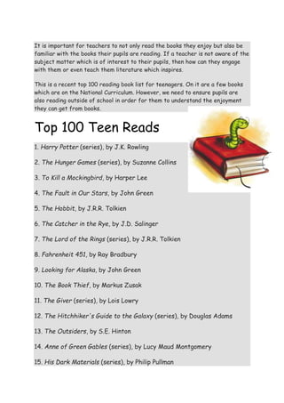 It is important for teachers to not only read the books they enjoy but also be
familiar with the books their pupils are reading. If a teacher is not aware of the
subject matter which is of interest to their pupils, then how can they engage
with them or even teach them literature which inspires.
This is a recent top 100 reading book list for teenagers. On it are a few books
which are on the National Curriculum. However, we need to ensure pupils are
also reading outside of school in order for them to understand the enjoyment
they can get from books.
Top 100 Teen Reads
1. Harry Potter (series), by J.K. Rowling
2. The Hunger Games (series), by Suzanne Collins
3. To Kill a Mockingbird, by Harper Lee
4. The Fault in Our Stars, by John Green
5. The Hobbit, by J.R.R. Tolkien
6. The Catcher in the Rye, by J.D. Salinger
7. The Lord of the Rings (series), by J.R.R. Tolkien
8. Fahrenheit 451, by Ray Bradbury
9. Looking for Alaska, by John Green
10. The Book Thief, by Markus Zusak
11. The Giver (series), by Lois Lowry
12. The Hitchhiker's Guide to the Galaxy (series), by Douglas Adams
13. The Outsiders, by S.E. Hinton
14. Anne of Green Gables (series), by Lucy Maud Montgomery
15. His Dark Materials (series), by Philip Pullman
 