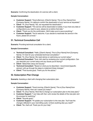 Scenario: Confirming the deactivation of a service with a client.
Sample Conversation:
● Customer Support: "Good afternoon, [Client's Name]. This is [Your Name] from
[Company Name]. I'm calling to confirm the deactivation of your service as requested."
● Client: "Hi, [Your Name]. Yes, we requested the deactivation."
● Customer Support: "The service will be deactivated on [date]. If you have any data or
configurations you need to save, please do so before that date."
● Client: "Thank you for the confirmation. We'll make sure to save everything."
● Customer Support: "You're welcome. If you decide to reactivate the service in the
future, please let us know."
51. Technical Consultation Call
Scenario: Providing technical consultation for a client.
Sample Conversation:
● Technical Consultant: "Hello, [Client's Name]. This is [Your Name] from [Company
Name]. I'm here for your scheduled technical consultation."
● Client: "Hi, [Your Name]. We need advice on optimizing our current setup."
● Technical Consultant: "Sure, let's start by reviewing your current configuration. Can
you describe your current setup and any issues you're facing?"
● Client: "[Describes setup and issues]."
● Technical Consultant: "Based on what you've described, I recommend [specific
advice]. Let's go through the steps to implement these changes."
● Client: "That sounds good. Thank you for the advice."
52. Subscription Plan Change
Scenario: Assisting a client with changing their subscription plan.
Sample Conversation:
● Customer Support: "Good morning, [Client's Name]. This is [Your Name] from
[Company Name]. How can I assist you today?"
● Client: "Hi, [Your Name]. We'd like to change our subscription plan to the [new plan]."
● Customer Support: "I can help with that. Let's review the details of the new plan and
the process for switching."
● Client: "Sounds good."
● Customer Support: "I'll update your subscription to the new plan. You'll see the
changes reflected in your next billing cycle. Is there anything else you need?"
● Client: "No, that's all. Thank you for your help."
 