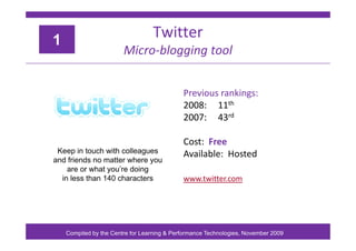 1
                                  Twitter
                        Micro‐blogging tool


                                ...